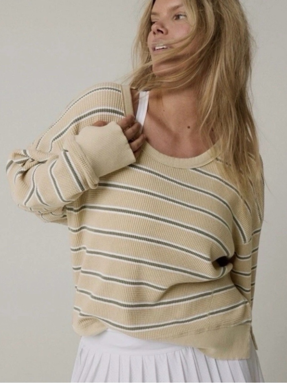 Offline by Aerie Oversized Waffle Knit Long Sleeve Top in Pale Yellow/Stripes